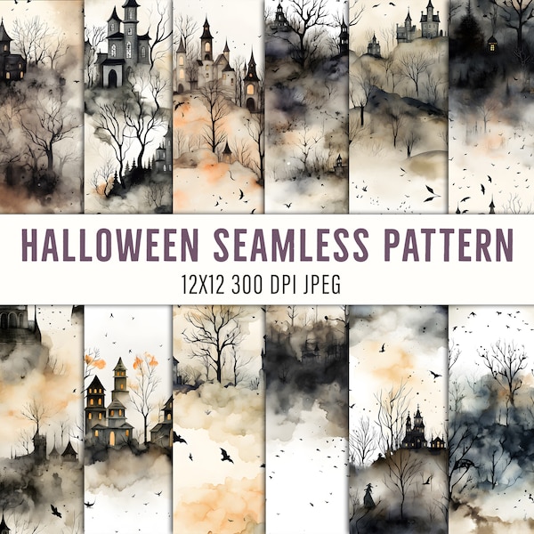 Haunted Houses Halloween Seamless Pattern: Spooky Motifs & Eerie Designs for Creepy Fun - Ghostly Charm on Witching Night, Seamless Pattern