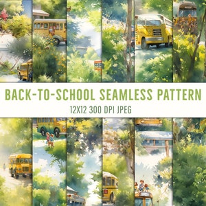 Back-to-School Bus-Themed Seamless Patterns: Academic Motifs for Colorful Classroom Decor and Learning Themes, Instant Download Patterns