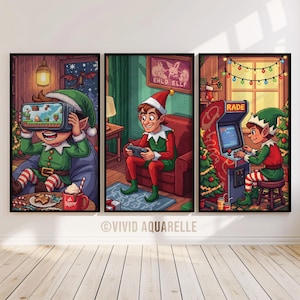 May include: A triptych of framed art prints featuring elves engaged in video games. One elf wears a VR headset, another plays with a controller, and the third plays an arcade game. Each elf is dressed in a green and red outfit. The prints are set against a white wall.