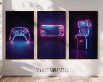 May include: Three framed prints with neon outlines of a video game controller, a handheld gaming console, and an arcade game cabinet. The background is dark blue with a purple and pink glow.