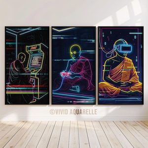 May include: Triptych of framed art prints featuring a monk in neon-lit settings. One plays an arcade game, another uses a game controller, and the third wears a VR headset. The artwork has a futuristic, digital aesthetic with vibrant colors.