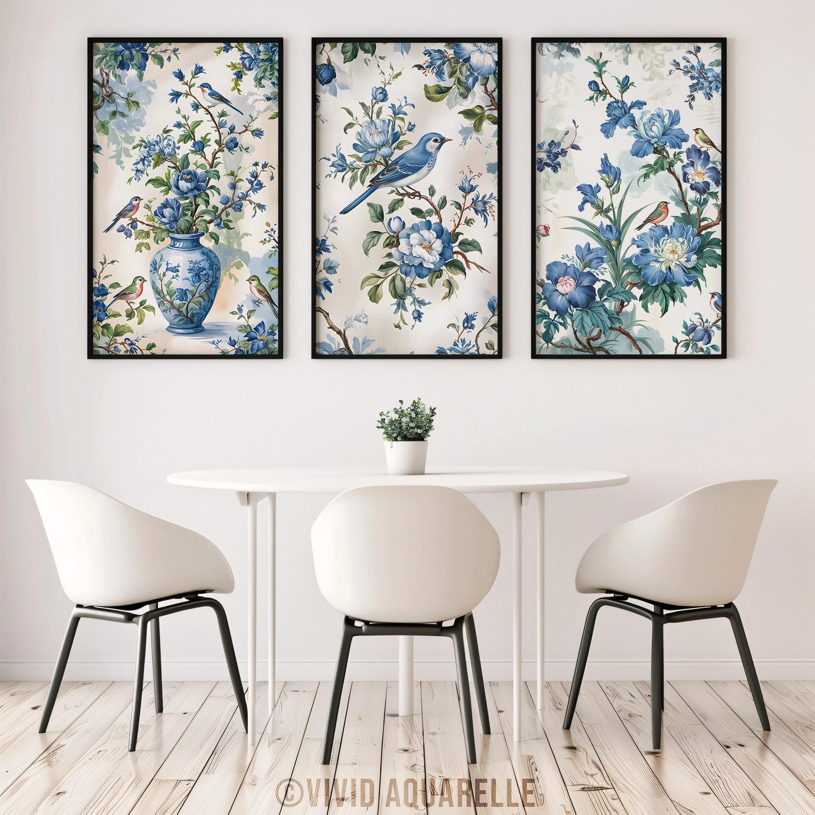 Blue Chinoiserie Floral Bird Art Prints: Vintage Gallery Set (digital ...