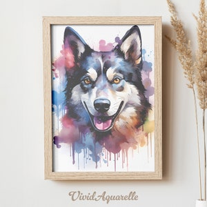 Watercolor Black Husky Dog Wall Art - Digital Download - Pet Lover Gift - Home Decor - Printable Animal Artwork, Dog Lover Wall Art