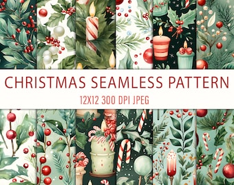 Vintage Aquarell Weihnachtsmuster: Retro Urlaub digitales Papier (digitaler Download)