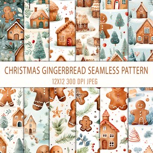 Pode incluir: Um conjunto de 12 padrões digitais sem costura com ilustrações em aquarela de casas de gengibre, figuras de gengibre e vegetação de inverno. Os padrões são perfeitos para criar designs festivos de Natal.