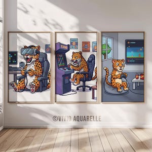 May include: Set of three framed art prints featuring a cartoon leopard playing video games. One print shows the leopard using a VR headset, another playing an arcade game, and the third playing a handheld console. The prints have a pixelated art style.
