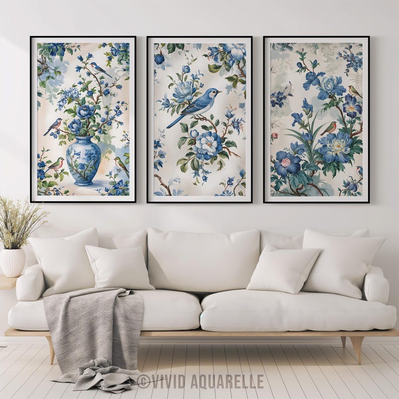 Blue Chinoiserie Floral Bird Art Prints: Vintage Gallery Set (digital ...