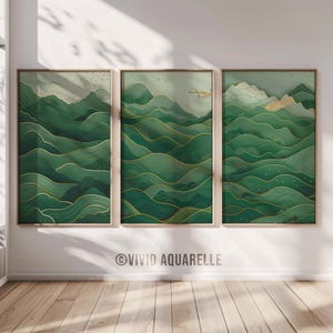 Salbei grüne Meereswelle Wandkunst, 3er-Set Wabi Sabi Wanddekor, minimalistisches Japandi Zen Poster, japanische Gelassenheit Wandkunst, printable Art Set
