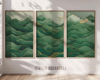 Set di stampe artistiche con onde oceaniche verde salvia: decorazioni Japandi Zen (download digitale)