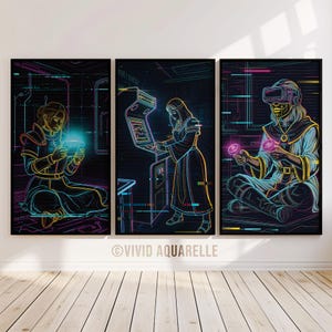 May include: Triptych art print with three panels depicting neon-outlined figures in a futuristic environment. One panel shows a person using a handheld device, another playing an arcade game, and the third wearing a VR headset. The artwork has a dark background with neon accents.