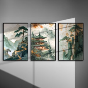 Art mural japonais sumi : aquarelle vert sauge et or (téléchargement numérique)