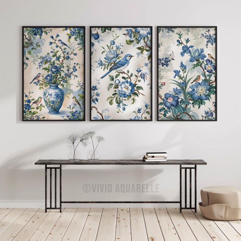 Blue Chinoiserie Floral Bird Art Prints: Vintage Gallery Set (digital ...