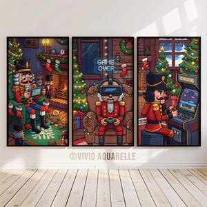 May include: A set of three framed art prints depicting pixelated nutcrackers in a festive Christmas scene. One plays a handheld game, another wears VR goggles, and the third plays an arcade game. The text "GAME OVER" and "CHISTAS" are visible.