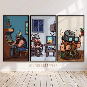 May include: A triptych of framed art prints depicting a pixelated Viking character playing games. The scenes include an arcade cabinet, a console setup, and VR. The artwork is in a cartoon style with a warm colour palette and black frames.
