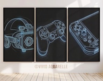 Neon Blue Gaming Wall Art Set, Dark Gamer Room Decor Digital Prints