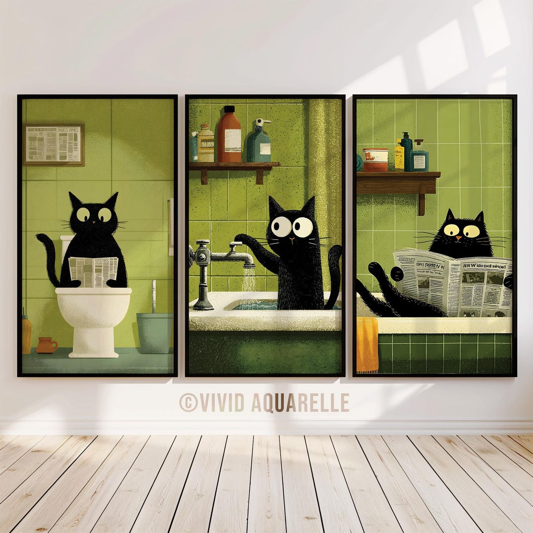 Funny Cat Bathroom Print Set: Sage Green Wall Art (digital Download) - Etsy