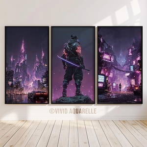 Cyberpunk Digital Art Set of 3 - Neon Futuristic Wall Art - Sci-Fi Cityscape Prints - Aesthetic Cyberpunk Poster Bundle - Instant Download