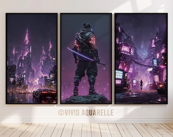 Cyberpunkowe wydruki miejskie: zestaw neonowych plakatów science fiction (do pobrania cyfrowego)