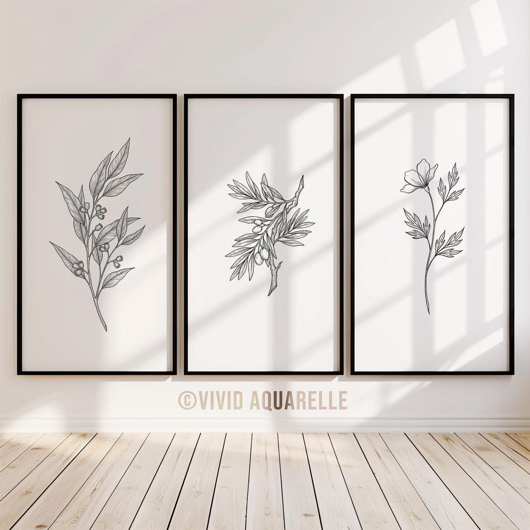 Botanical Line Art Set of 3, Minimalist Black and White Floral Wall ...