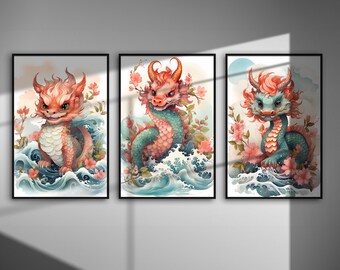 Jahr des Drachen - Wandkunst: Vintage Aquarell chinesisches Sternzeichen (Digitaler Download)