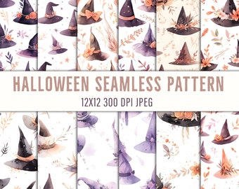 May include: Set of 12 digital seamless patterns featuring watercolor illustrations of witch hats with floral and foliage accents. The patterns are perfect for Halloween crafts, scrapbooking, and digital design projects.