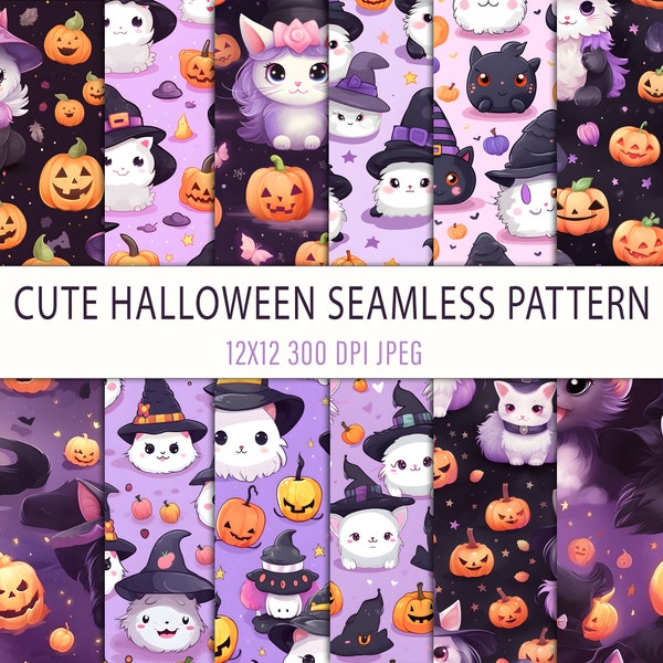 Pastel Watercolor Cute Halloween Cat Witch Seamless Pattern - Digital Download for Whimsical Crafts, Seamless Digital Pattern