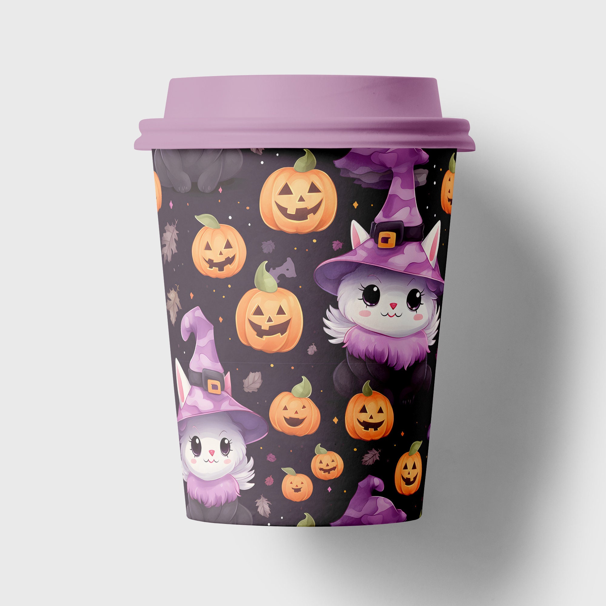 Pastel Watercolor Cute Halloween Cat Witch Seamless Pattern - Digital ...