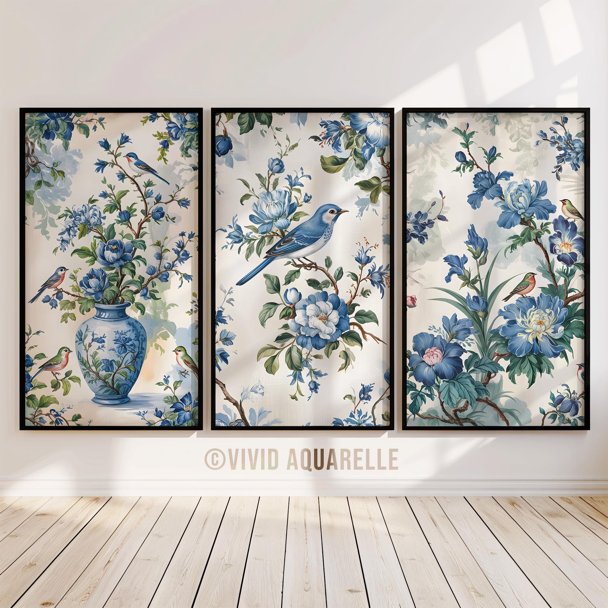 Blue Chinoiserie Floral Bird Art Prints: Vintage Gallery Set (digital ...