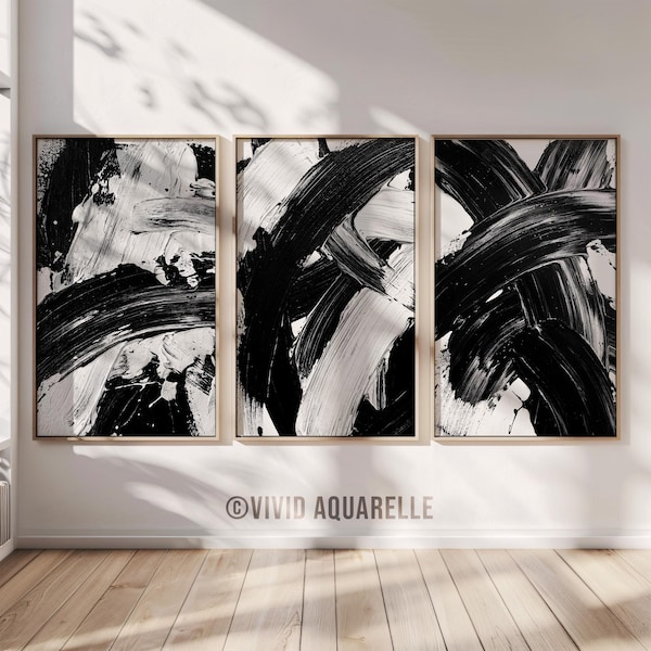 3er-Set Abstrakte Pinselstriche - Schwarz-weiße moderne strukturierte Wandkunst