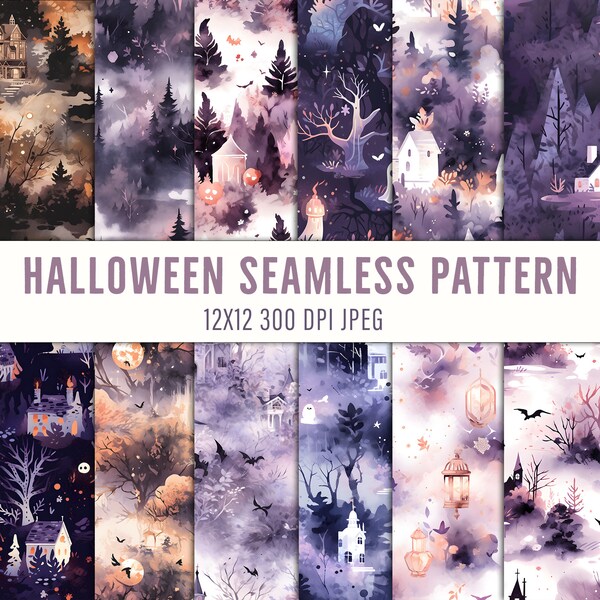 Haunted Halloween Seamless Pattern: Ghost Designs & Spooky Houses - Creepy Motifs for Trick-or-Treat Fun - Eerie Holiday and Haunted Decor