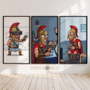 May include: Set of three framed art prints featuring pixelated illustrations of a Spartan warrior engaged in modern gaming activities. The warrior is depicted using VR, playing arcade games, and using a game controller. The art has a humorous theme.