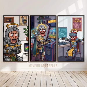May include: Set of three framed art prints featuring pixelated knights engaged in gaming. One knight plays a console, another an arcade game, and the third uses VR. The prints have a white background and are framed in black.