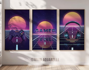 Set of 3 Retro Gaming Wall Art, Synthwave Poster, Gamer Room Decor, Outrun Aesthetic, Neon Pink Blue Digital Download, 80s Futuristic Print
