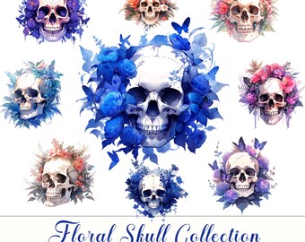 Puede incluir: Una colección de ocho imágenes digitales que presentan calaveras adornadas con flores de colores. Cada calavera está rodeada de una variedad de flores, incluyendo rosas, lirios y margaritas. Las calaveras son todas blancas y tienen una apariencia realista. Las imágenes son perfectas para usar en scrapbooking digital, creación de tarjetas y otros proyectos creativos.