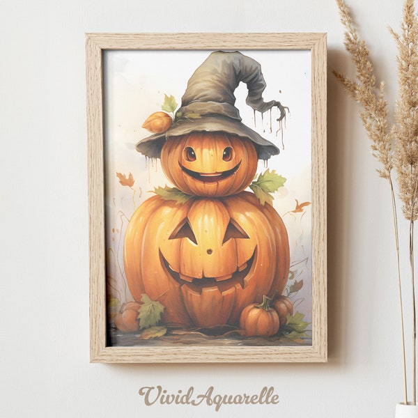 Watercolor Jack o Lantern Wall Art - Halloween Decor - Pumpkin Painting - Fall Art - Digital Download - Spooky Home Decor - Instant Download