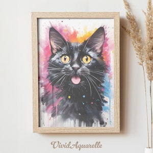 Colorful Black Cat Watercolor Art Print - Vibrant Cat Wall Art - Instant Digital Download for Colorful Art - High-Quality Watercolor Artwork