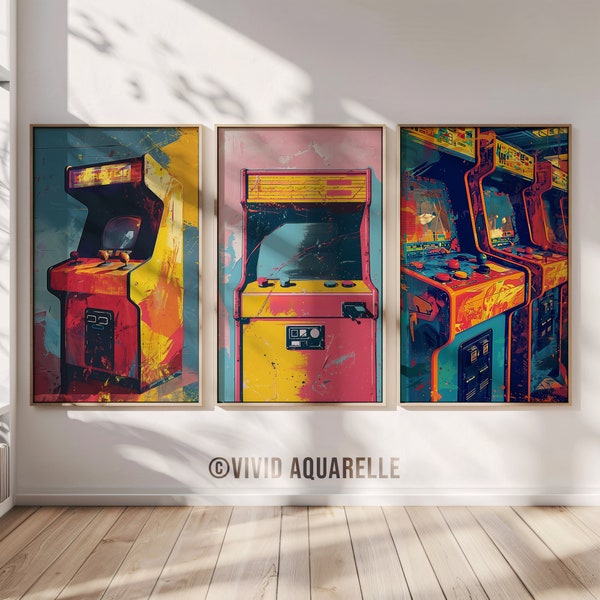 Retro Arcade Wall Art, Impasto Painting, Gaming Decor, Gamer Room Decor, 80s Arcade Art, Vintage Video Game Art, Pop Art Colors Art Prints