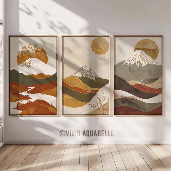 Minimalist Wabi Sabi Mount Fuji Wall Art, Set of 3 Japandi Zen Printable Poster, Neutral Earth Tones Art Prints, Modern Contemporary Decor