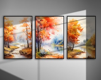 Watercolor Autumn Landscape Print Set: Fall Forest Scenery (Digital Download)