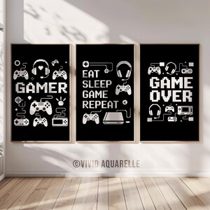 Väggkonst med Gamer-motiv, Controller och Game Over-posters (set om 3) (digital nedladdning)
