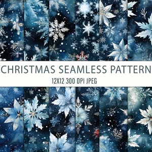 Può includere: Dodici design digitali di carta con un motivo senza cuciture di fiocchi di neve blu e bianchi e foglie su uno sfondo blu scuro. Il testo "CHRISTMAS SEAMLESS PATTERN 12X12 300 DPI JPEG" è nella parte superiore dell'immagine.