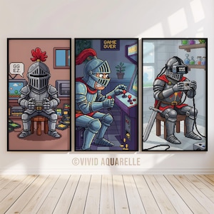 May include: Set of three framed art prints featuring pixelated knights engaged in gaming. One knight is playing a console, another an arcade game, and the third is using VR. Each knight is in full armor, with the words "GG EZ" and "GAME OVER" visible.
