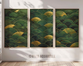 Set di stampe artistiche con onde Seigaiha verde salvia: decorazioni Japandi Zen (download digitale)