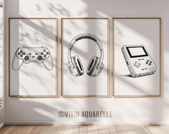 Puede incluir: Tres ilustraciones en blanco y negro sobre un fondo blanco. Las ilustraciones son de un mando de videojuego, unos auriculares y una consola de videojuegos portátil.