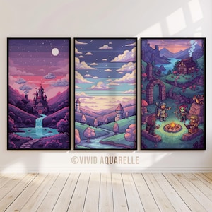 Peut inclure: Trois impressions encadrées d'art pixel représentant des paysages fantastiques. La première montre un château avec une cascade sous un ciel violet. La seconde présente une rivière et des tours sous un ciel nuageux. La troisième montre une scène de feu de camp.