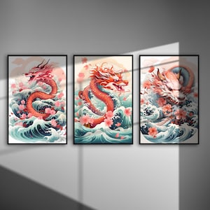 Set 3 Year of the Dragon Wall Art - Vintage Watercolor Style, Digital Download, Asian Decor, Chinese Zodiac Illustration, Printable Poster