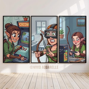 May include: A set of three pixel art prints depicting elf-like characters gaming. One plays an arcade game, another uses a VR headset and bow, and the last uses a controller. The prints are framed in black.