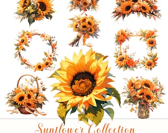 Könnte beinhalten: Eine Sammlung von neun digitalen Illustrationen mit Sonnenblumen in verschiedenen Arrangements. Die Illustrationen beinhalten einen Sonnenblumenkranz, einen Strauß Sonnenblumen in einer Vase, eine einzelne Sonnenblume und einen Korb mit Sonnenblumen. Die Illustrationen sind alle im Aquarellstil gehalten und haben eine helle, fröhliche Ausstrahlung.