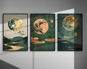 Sage Green Japandi Moon Art Prints: Minimalist Wabi Sabi Decor (Digital Download)