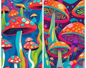 Cogumelos mágicos pequenos pôster | Pop Art Místico dos Cogumelos | Padrões Psicodélicos | Impressão de arte de fungos | Design de Micologia Fantasia | Pacote de 2